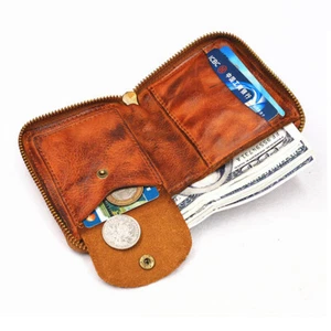 Handgefertigte Echtleder-Geldbörse Damen Herren mit Doppelfaltung und Reißverschluss Kreditkartenetui - Bild 1 von 11