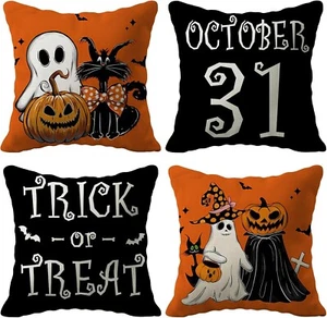 Happy Orange Halloween Ghost Pillow Covers 18 x 18 Inch Black Cat Skeleton - Picture 1 of 6