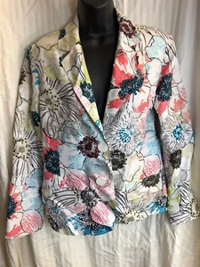 Chico's silk jacket size 1 Blazer 100% silk floral white embroidered  Print - Picture 1 of 12