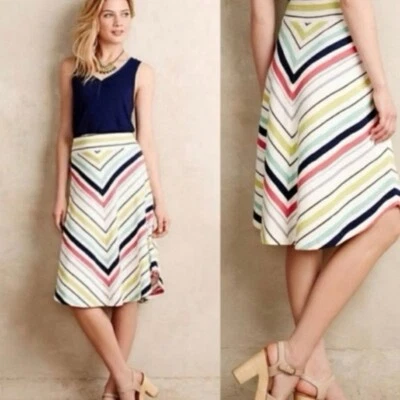 MAEVE Anthropologie Spring Stripe Chevron Cotton Knit ALine Skirt Rainbow MEDIUM - Image 1 of 4