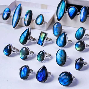 5pcs labradorite 92.5 silver plated adjustable rings wholesale gemstone rings - Picture 1 of 11