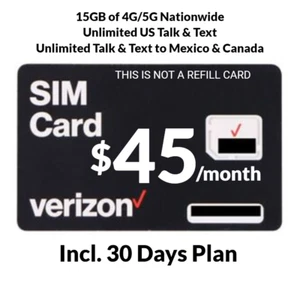 Verizon Prepaid $45 Unlimited Talk, Text, 15GB 5G Data Plan For 30 Days New Acti - Picture 1 of 3