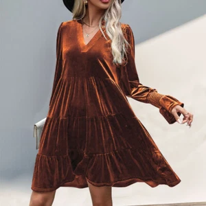 Femme Décontracté Robe Velours Manches Longues Col V Ruche Différencié Vrac Mini - Bild 1 von 13
