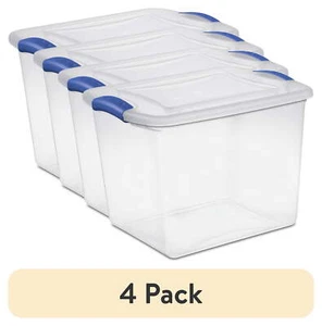 (4 pack) Sterilite 27 Qt. Clear Plastic Storage Bin, with Lid and Blue Latches - Picture 1 of 7