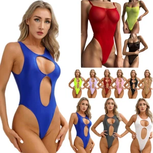Damen Glossy One Piece Body Bademode Cutout String Leotard Monokini Badeanzug - Bild 1 von 115