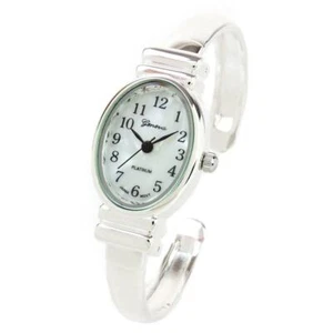 Silver Small Size Oval Face Metal Band Geneva Women's Bangle Cuff Watch - Picture 1 of 3