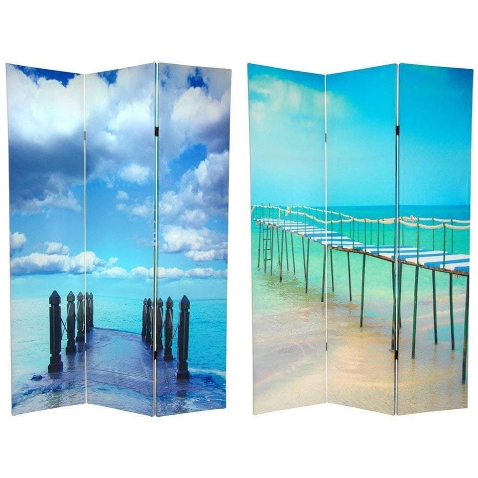 Oriental Furniture 6 ft. Tall Double Sided Ocean View Canvas Room Divider - 3 Panel Blue