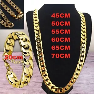 Men's Boy Stainless Steel 18K Gold GP Curb Cuban Link Chain Necklace Bracelet Au - Picture 1 of 4