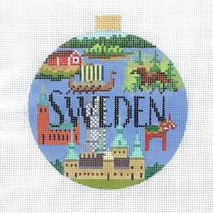 Hand painted Needlepoint Canvas 18 ct 4" diameter Sweden monuments icons - Picture 1 of 1