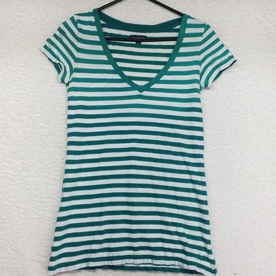 Vintage American Eagle Womens Top Small Green Striped Deep V-Neck Baby Tee Y2K - Image 1 of 4
