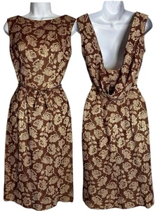 VTG 50s Suzy Perette Gold Brocade Open Draped Back Rose Belted Bow Dress ILGWU - Picture 1 of 15