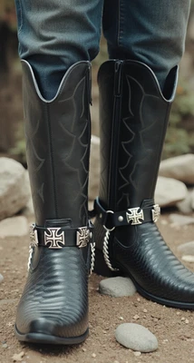 Motociclista Uomo Western Stivale Argento Catena Pelle 2 Cinghie Bracciale - Immagine 1 di 4