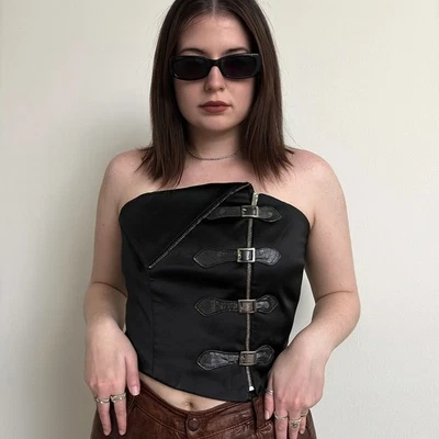Vintage Y2K Bebe Corset Top Womens XXS Black Buckle Detail Faux Leather Zip Goth - Image 1 of 4