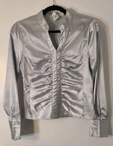 Ellemenno Womens Shirt Silver Pleated Size Medium - Picture 1 of 8