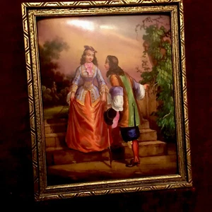 Antique German Porcelain Plaque HP Scene Of Lovers Double Gold Frame VG - Picture 1 of 8