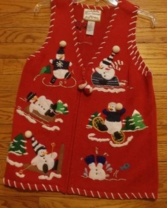 WOMEN'S CHRISTMAS VEST SNOWMAN HEIRLOOM COLLECTIBLES S RED WHITE EUC 5607 6 - Picture 1 of 3