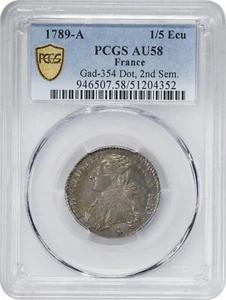 FRANCE LOUIS XVI 1789-A 1/5 ECU SILVER COIN, PCGS CERTIFIED ALMOST UNC. AU58 - Picture 1 of 6