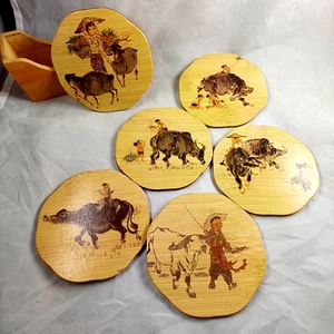 Asian Thin Bamboo Coasters (6) and Rack Vintage Bull Goat Children Scenes - Picture 1 of 8