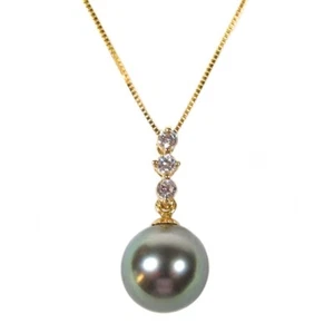Colgante redondo de perlas negras tahitianas genuinas de 10 mm en oro amarillo de 14 K - Imagen 1 de 2