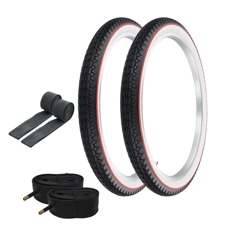 OG LOWRIDER TIRES 24 x 2.125 BLACK/WHITE RED LINE P-123A W/TUBES & RIM STRIPS - Image 1 of 1