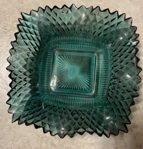 Diamond Point Clear Teal Aquamarine Glass Candy Square Ruffled Dish 7" AS IS - Picture 1 of 4