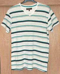 *Super* PIERRE CARDIN/ size L/White T-Shirt with aqua, black, beige stripes/ VGC - Picture 1 of 10