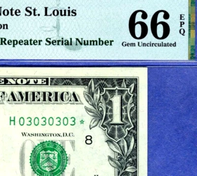 SUPER REPEATER 03030303* STAR fancy serial binary # PMG 66 EPQ series 1974 $1 - Image 1 of 3