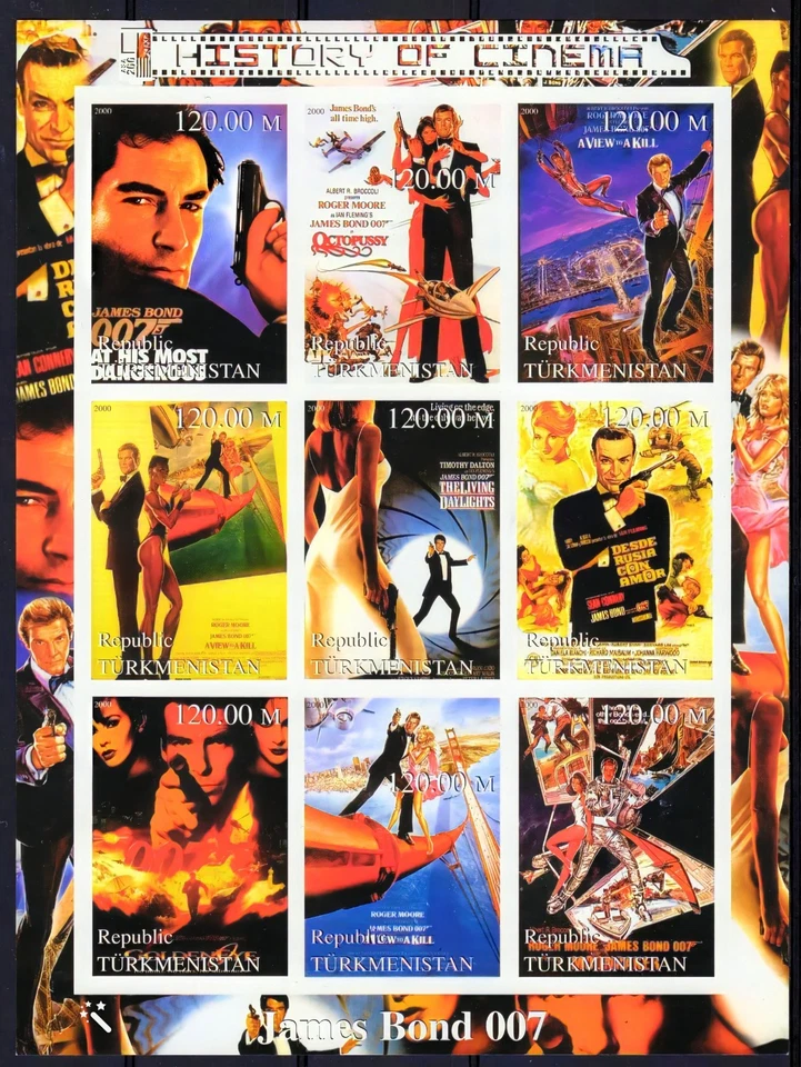 Turkmenistán 2000 JAMES BOND 007 HISTORIA DEL CINE Hoja IMPERFORADA MNH Foto 1 de 1