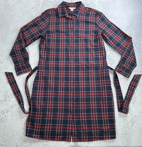 Brooks Brothers Shirt Dress Womens Size 14 Red Fleece Plaid Knee Midi Belted - Picture 1 of 17