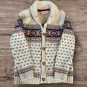 Rorie Whelan Shawl Collar Cardigan Sweater Cream Navy Fair Isle Boys Size 5/6 - Picture 1 of 3