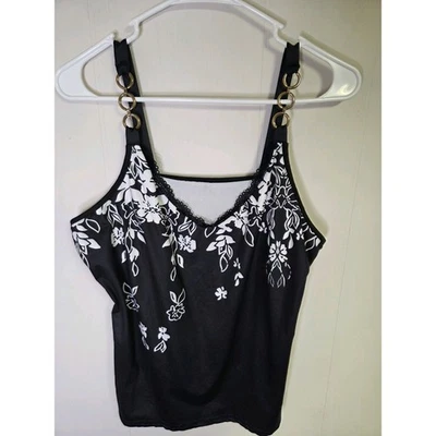 Floral Camisole Spaghetti Strap Tank Top Black And White Size 2X - Image 1 of 4