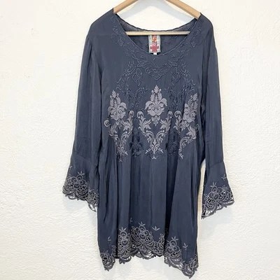 Vestido túnica JOHNNY WAS bordado Robin azul gris pizarra grande L *leer Foto 1 de 4