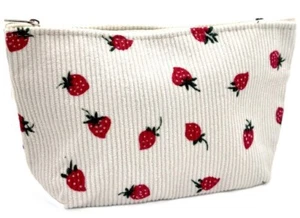 Cream Corduroy Strawberry Strawberries Zippered Pouch Cosmetic Travel Bag New - Picture 1 of 3