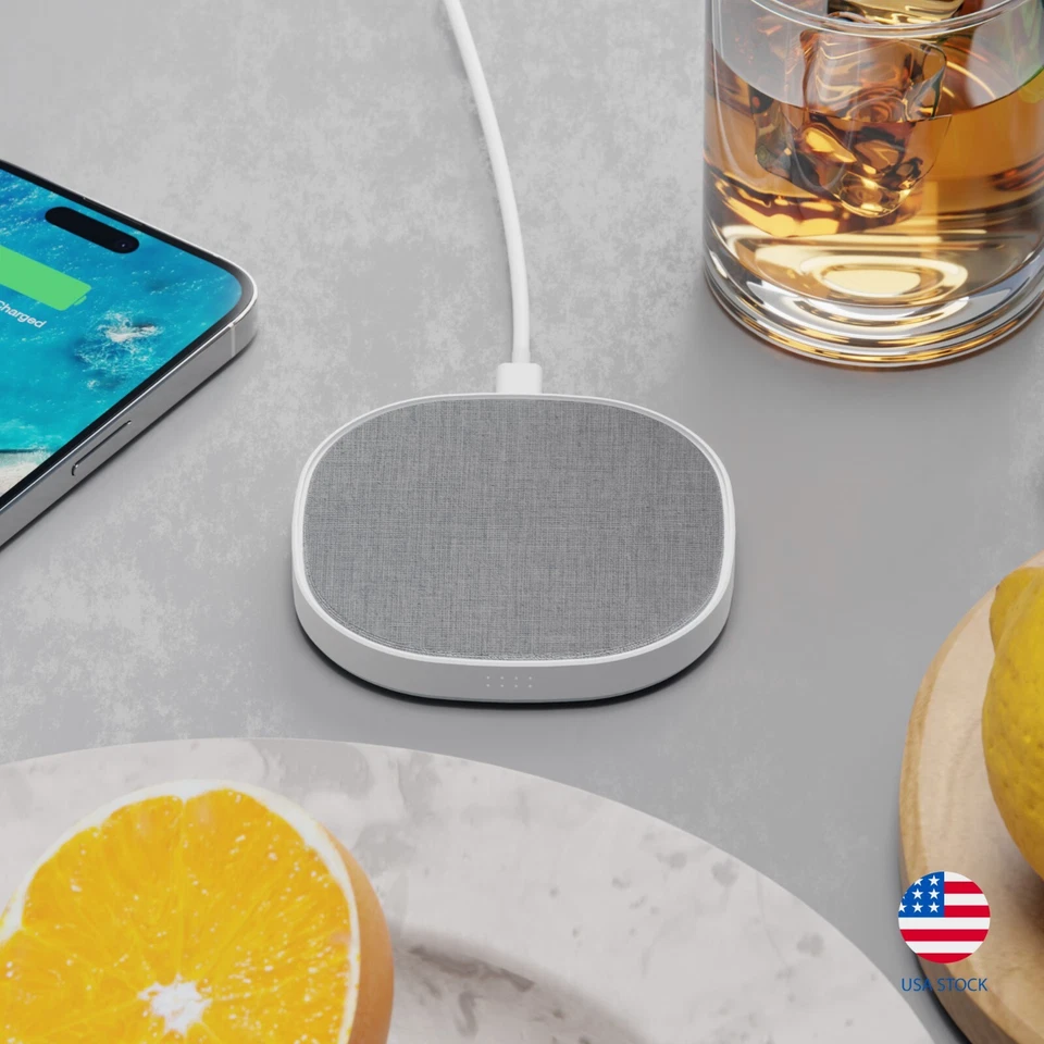 Almohadilla de cargador inalámbrico | Cargador rápido de 15 vatios | Tela de lino | iPhone, Samsung Foto 1 de 4