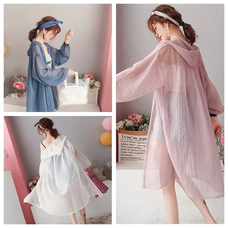 Cárdigan largo transparente de gasa Abrigo Chaqueta Blusa a rayas Prendas para el torso con capucha Verano Foto 1 de 4