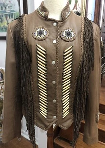 Tribe America braune Lederjacke mit Fransen Knochen & Perlen Arbeit 10 USA - Bild 1 von 11