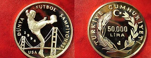 1994 Turkey Large Silver Proof 50000 World Cup Soccer(Football) - Picture 1 of 1
