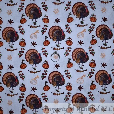 BonEful Fabric Cotton Quilt White Brown Turkey Bird Pumpkin Thanksgiving 1 SCRAP - Image 1 of 4