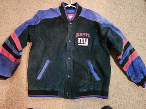 NFL NY Giants Suede Leather Varsity Football Jacket Mens Sz 2xl Black Zip Snap - Picture 1 of 4