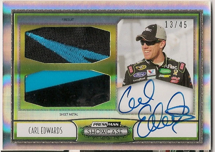 Carl Edwards RACE USED SHEET METAL UNIFORM #13/45 signed card  - Image 1 of 1