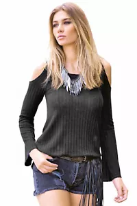 Suéter Elan Para Mujer Negro Pequeño Sudadera con Capucha Hombro Frío Boho Ligero Túnica Top - Imagen 1 de 4