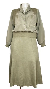 Vintage 1980s sage green skirt top set suit midi oversized pullover blouse L XL - Picture 1 of 14
