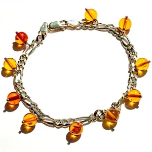 Brazalete de cadena Figaro italiano de plata esterlina 925 maciza miel ámbar báltico 8 pulgadas - Imagen 1 de 3