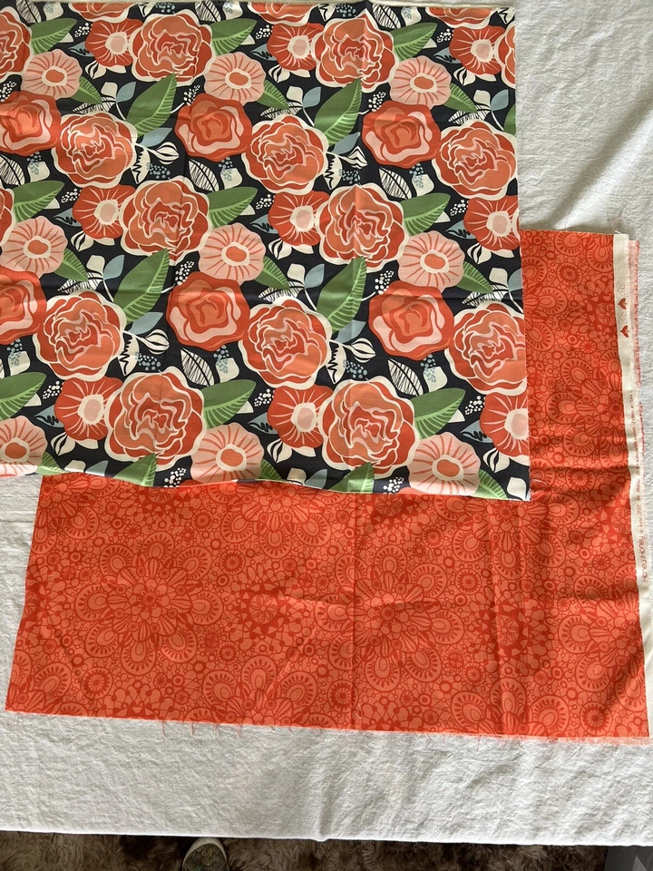Kate Spain Moda Fabric HONEY HONEY Large Floral 28X 44” Orange Geometric 19X42” - Image 1 of 4
