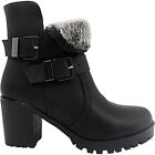NEW WOMENS LADIES MID BLOCK HEEL FUR LINED BUCKLE STRAP BIKER ANKLE BOOTS SIZE