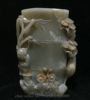 Jarrón lápiz estatua de árbol infantil de bambú tallado en jade hetiano chino antiguo de 6" Foto 1 de 4