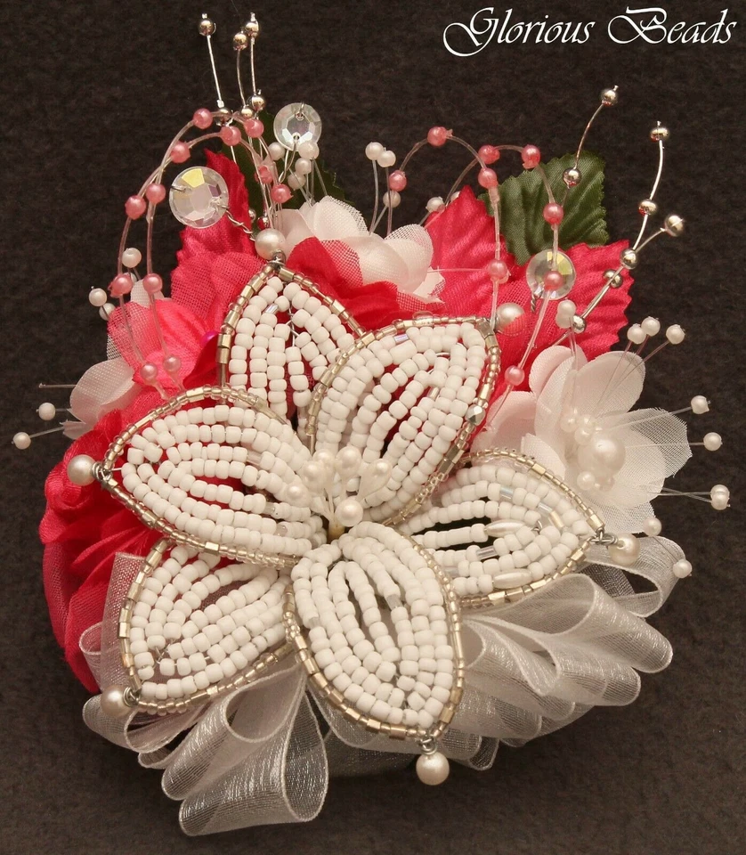 Corsage Hot Pink Rhinestone Wedding Prom BEADED LILY or 2 pc with Boutonniere - Image 1 of 1