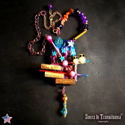 Vintage Assemblage Jewelry Necklace Pendant Luxury Nocturnal Bird Owl Stone Star - Image 1 of 4