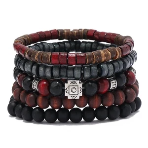 Herren Retro Kreuz Armband Set, schwarze Holzperlen & Kokosnuss Muschel Schmuck - Bild 1 von 24