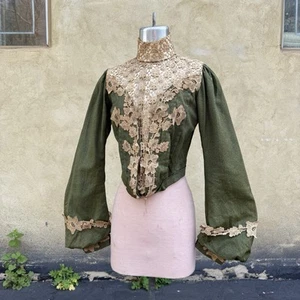 Antique Edwardian 1900s Green Wool Lace Pigeon Front Bodice Top Dress Shirt - Picture 1 of 18